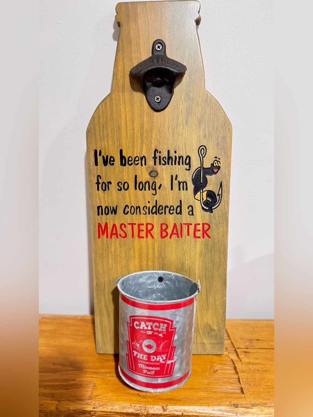 Handmade Fishing Bottle Opener with Cap Catcher | Funny Fisherman Wall Décor